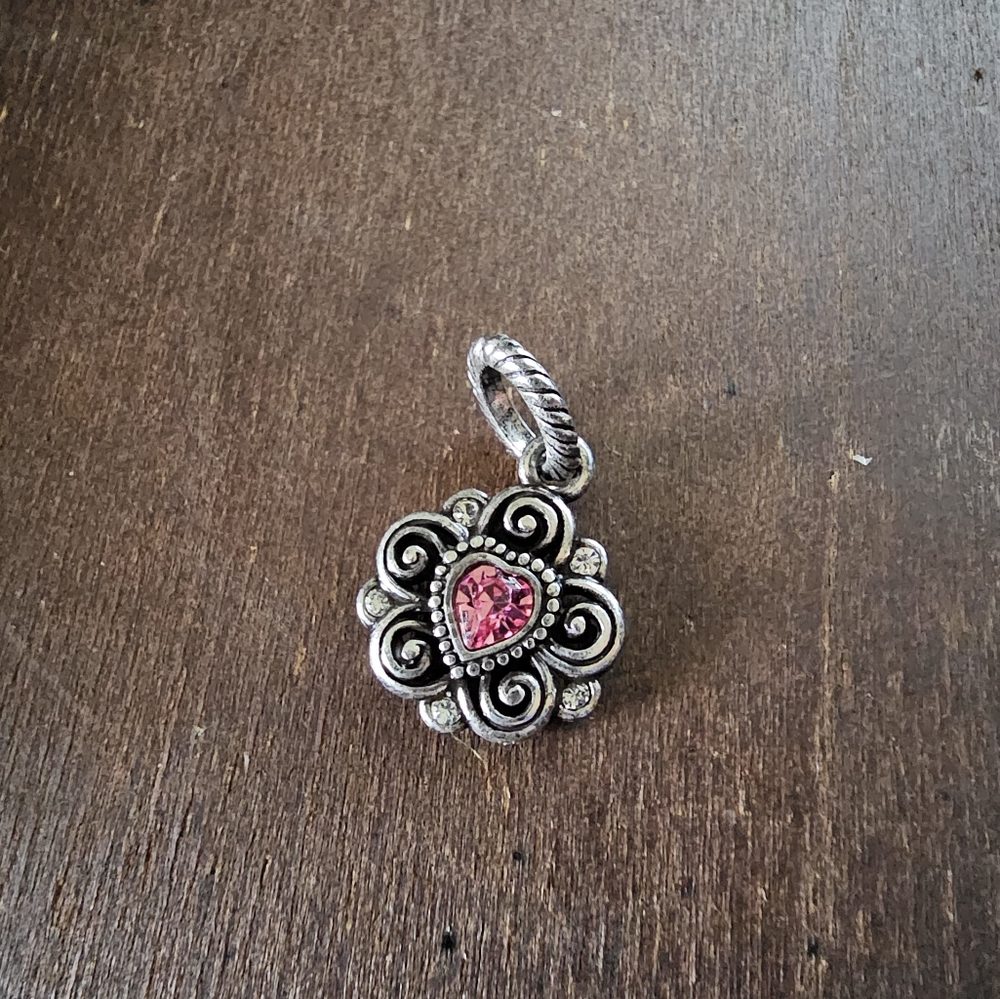 Brighton Birthstone Bright Pink October Crystal Heart Silver Pendant Charm